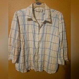 Lemon Grass Womens Plaid Top Button Up Texture 3/4 Sleeve Sz XL